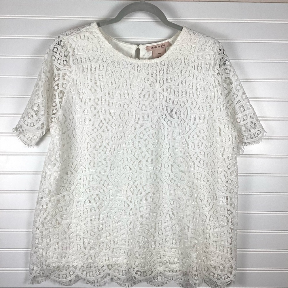 NWT Philosophy White Lace Short Sleeve Blouse Stretch Lined Size Large